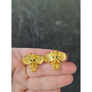 Gold Tone Metal Elephant Shaped Green Rhinestone Eyes Clip-on Earrings Vintage